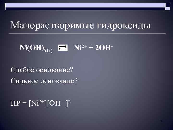 Малорастворимые гидроксиды Ni(OH)2(т) Ni 2+ + 2 OHСлабое основание? Сильное основание? ПР = [Ni