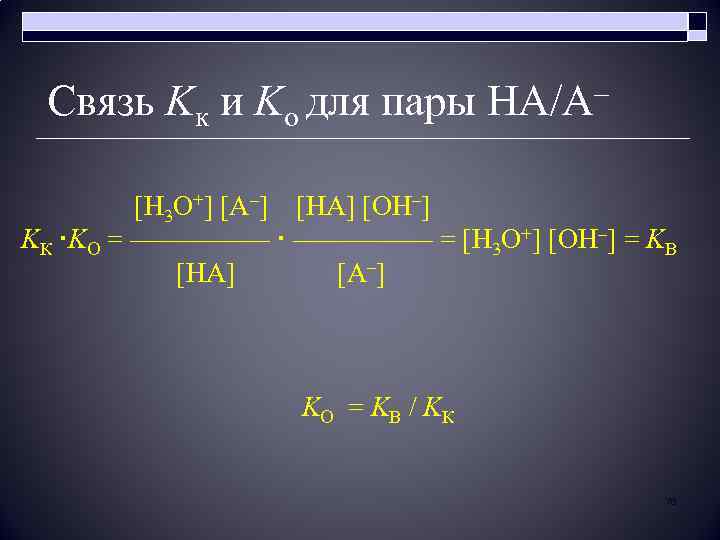 Связь Kк и Ko для пары НА/А– [H 3 O+] [A–] [HA] [OH–] KК