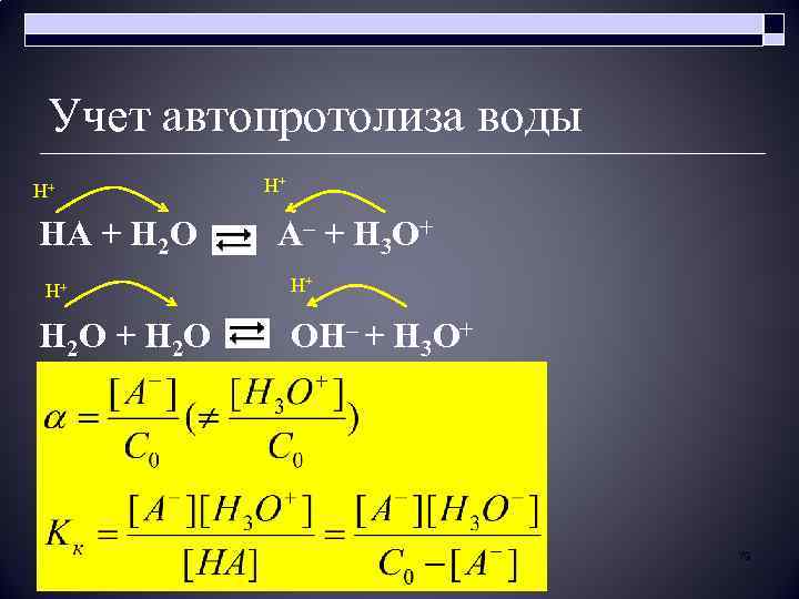 Учет автопротолиза воды H+ H+ HA + H 2 O A– + H 3