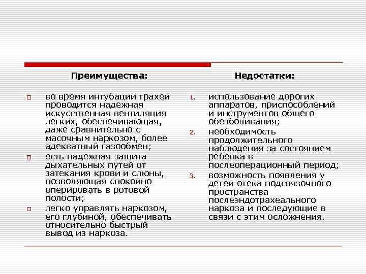 Преимущества: o o o во время интубации трахеи проводится надежная искусственная вентиляция легких, обеспечивающая,