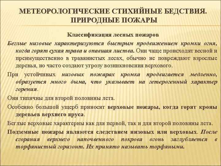 МЕТЕОРОЛОГИЧЕСКИЕ СТИХИЙНЫЕ БЕДСТВИЯ. ПРИРОДНЫЕ ПОЖАРЫ Классификация лесных пожаров Беглые низовые характеризуются быстрым продвижением кромки