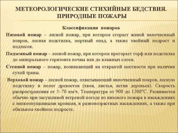 МЕТЕОРОЛОГИЧЕСКИЕ СТИХИЙНЫЕ БЕДСТВИЯ. ПРИРОДНЫЕ ПОЖАРЫ Классификация пожаров Низовой пожар – лесной пожар, при котором