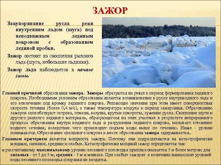 ЗАЖОР Закупоривание русла реки внутренним льдом (шуга) под неподвижным ледяным покровом с образованием ледяной