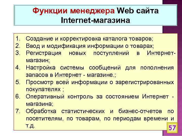 Функции менеджера Web сайта Internet-магазина 1. Создание и корректировка каталога товаров; 2. Ввод и