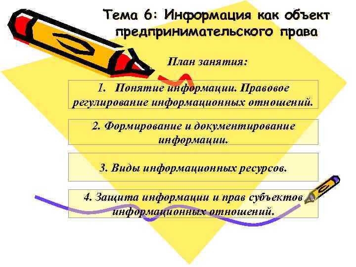 Тема 6: Информация как объект предпринимательского права План занятия: 1. Понятие информации. Правовое регулирование