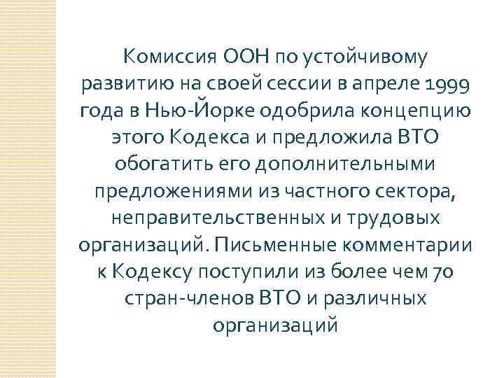 Комиссия ООН по устойчивому развитию на своей сессии в апреле 1999 года в Нью-Йорке