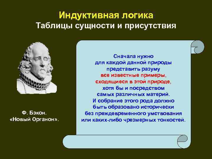 Индуктивная логика Таблицы сущности и присутствия Ф. Бэкон. «Новый Органон» . Сначала нужно для