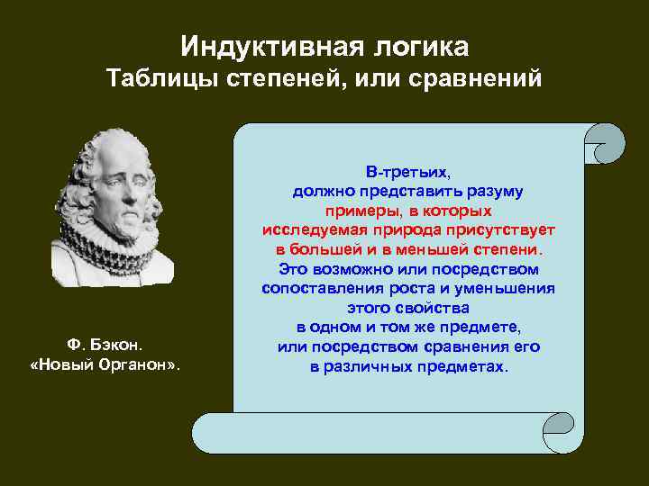 Индуктивная логика Таблицы степеней, или сравнений Ф. Бэкон. «Новый Органон» . В-третьих, должно представить