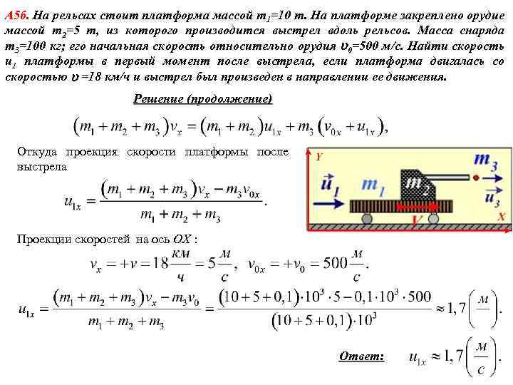 А 5 б. На рельсах стоит платформа массой m 1=10 т. На платформе закреплено