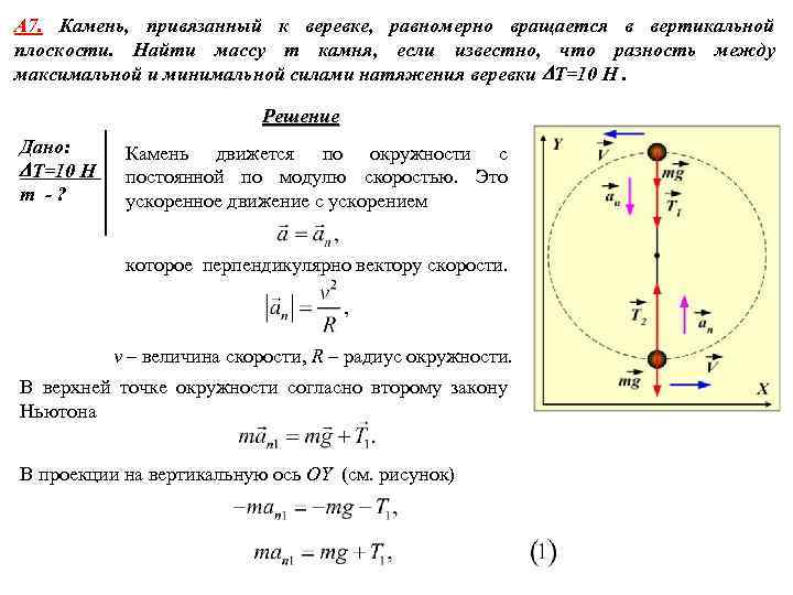 А 7. Камень, привязанный к веревке, равномерно вращается в вертикальной плоскости. Найти массу m