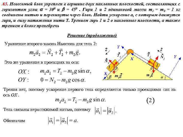 А 3. Невесомый блок укреплен в вершине двух наклонных плоскостей, составляющих с горизонтом углы