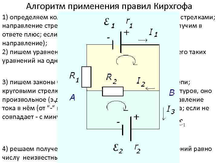 Алгоритм применения правил Кирхгофа 1) определяем количество токов в цепи и обозначаем их стрелками;