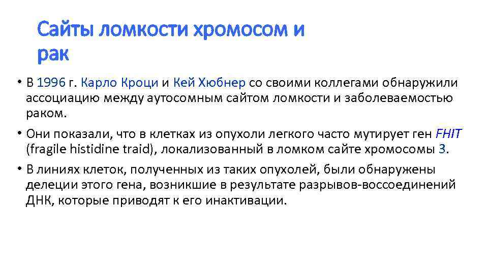 Сайты ломкости хромосом и рак • В 1996 г. Карло Кроци и Кей Хюбнер