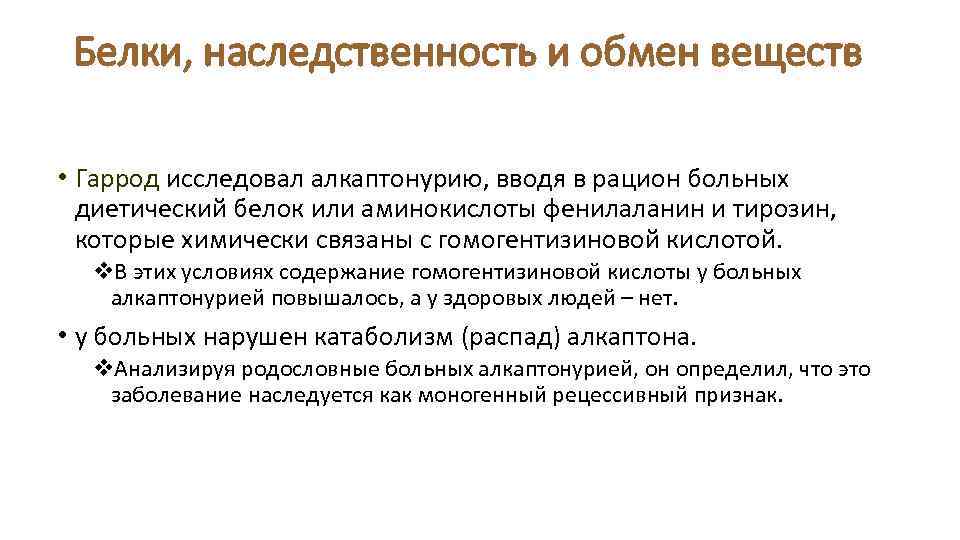 Белки, наследственность и обмен веществ • Гаррод исследовал алкаптонурию, вводя в рацион больных диетический