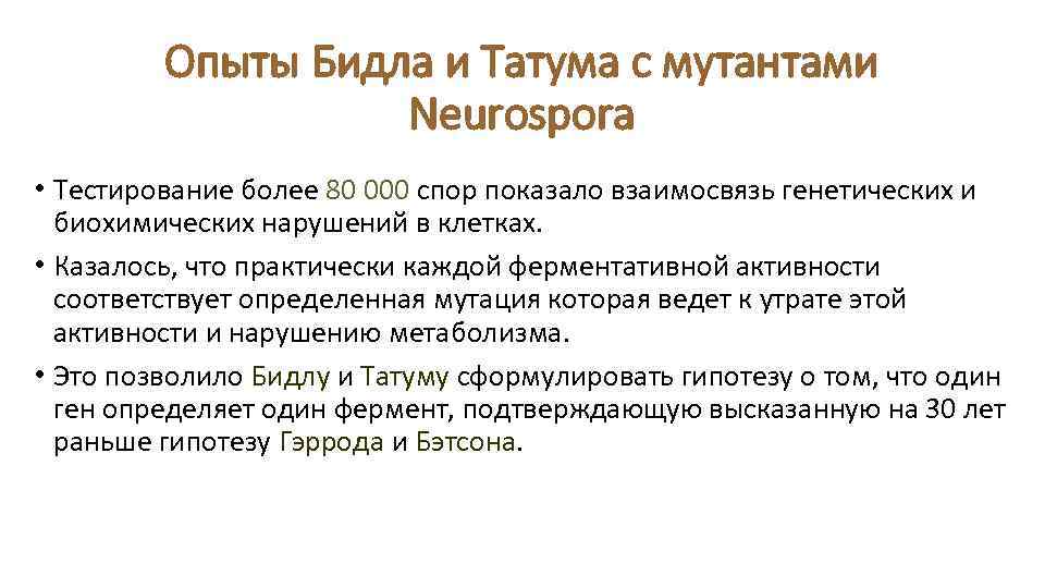Опыты Бидла и Татума с мутантами Neurospora • Тестирование более 80 000 спор показало