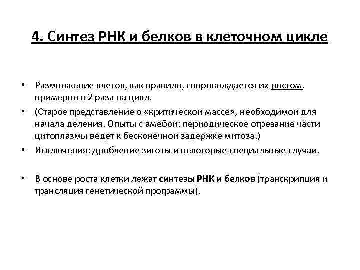 4. Синтез РНК и белков в клеточном цикле • Размножение клеток, как правило, сопровождается