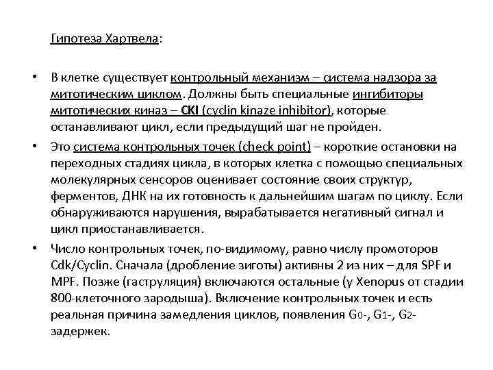 Гипотеза Хартвела: • В клетке существует контрольный механизм – система надзора за митотическим циклом.