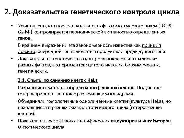 2. Доказательства генетического контроля цикла • Установлено, что последовательность фаз митотического цикла (-G 1