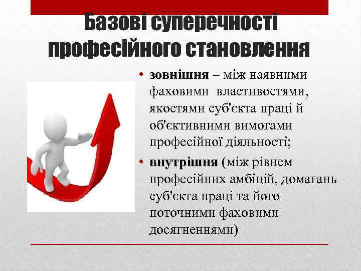 Базові суперечності професійного становлення • зовнішня – між наявними фаховими властивостями, якостями суб'єкта праці