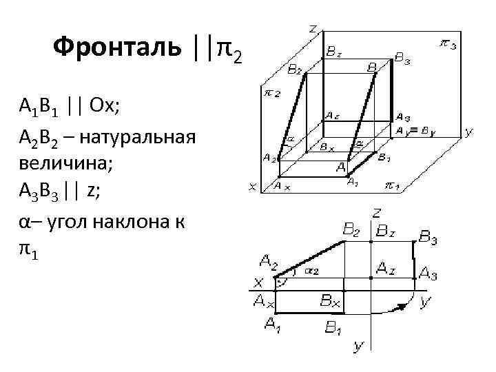 Фронталь ||π2 A 1 B 1 || Оx; A 2 B 2 – натуральная