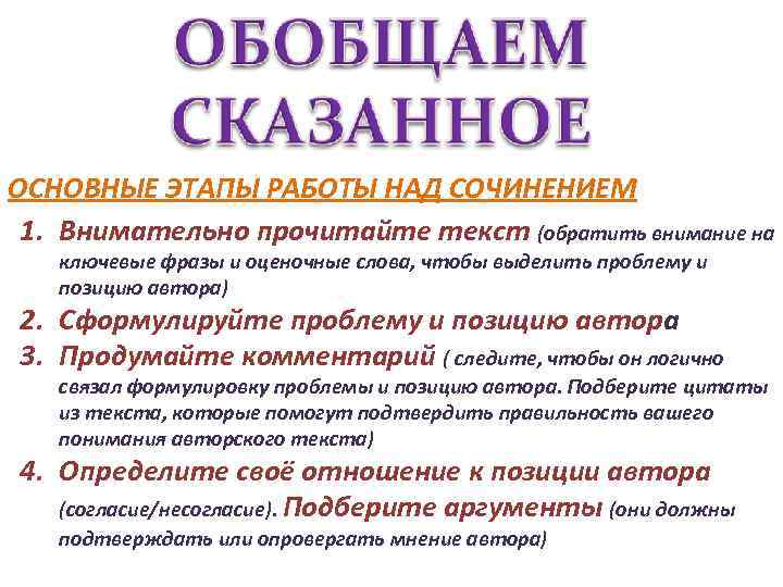 ОСНОВНЫЕ ЭТАПЫ РАБОТЫ НАД СОЧИНЕНИЕМ 1. Внимательно прочитайте текст (обратить внимание на ключевые фразы