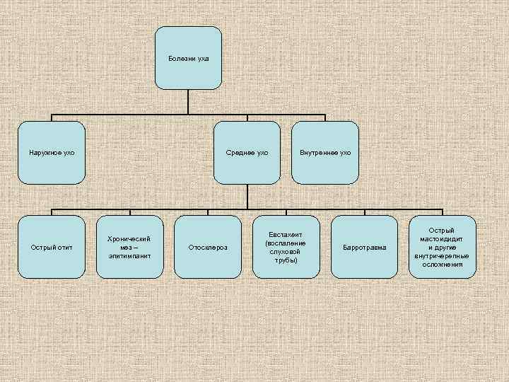 Болезни уха Наружное ухо Острый отит Среднее ухо Хронический мез – эпитимпанит Отосклероз Внутреннее