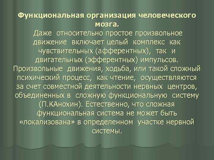 Функциональная организация человеческого мозга. Даже относительно простое произвольное движение включает целый комплекс как чувствительных