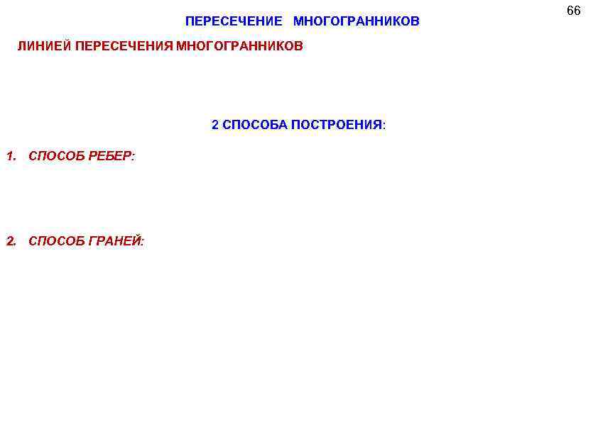 ПЕРЕСЕЧЕНИЕ МНОГОГРАННИКОВ ЛИНИЕЙ ПЕРЕСЕЧЕНИЯ МНОГОГРАННИКОВ 2 СПОСОБА ПОСТРОЕНИЯ: 1. СПОСОБ РЕБЕР: 2. СПОСОБ ГРАНЕЙ: