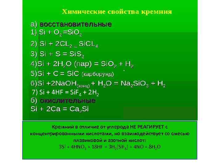 7) Si + 4 HF = Si. F 4 + 2 H 2 Кремний