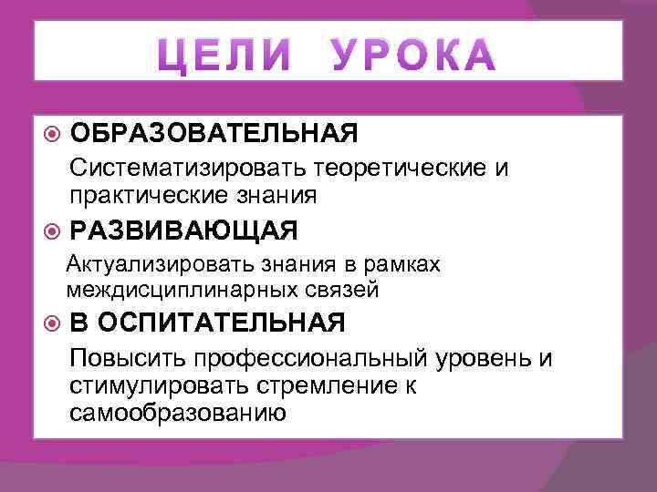 ЦЕЛИ УРОКА ОБРАЗОВАТЕЛЬНАЯ Систематизировать теоретические и практические знания РАЗВИВАЮЩАЯ Актуализировать знания в рамках междисциплинарных