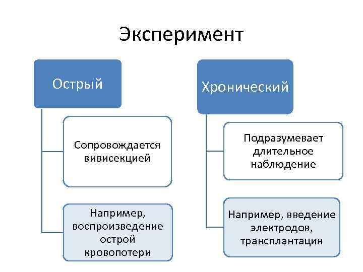 Эксперимент Острый Хронический Сопровождается вивисекцией Подразумевает длительное наблюдение Например, воспроизведение острой кровопотери Например, введение