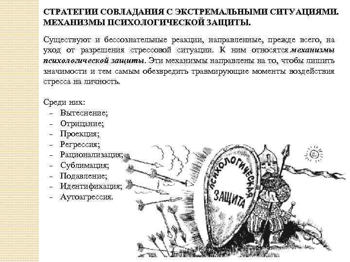 СТРАТЕГИИ СОВЛАДАНИЯ С ЭКСТРЕМАЛЬНЫМИ СИТУАЦИЯМИ. МЕХАНИЗМЫ ПСИХОЛОГИЧЕСКОЙ ЗАЩИТЫ. Существуют и бессознательные реакции, направленные, прежде