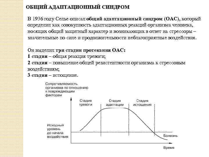 ОБЩИЙ АДАПТАЦИОННЫЙ СИНДРОМ В 1936 году Селье описал общий адаптационный синдром (ОАС), который определил