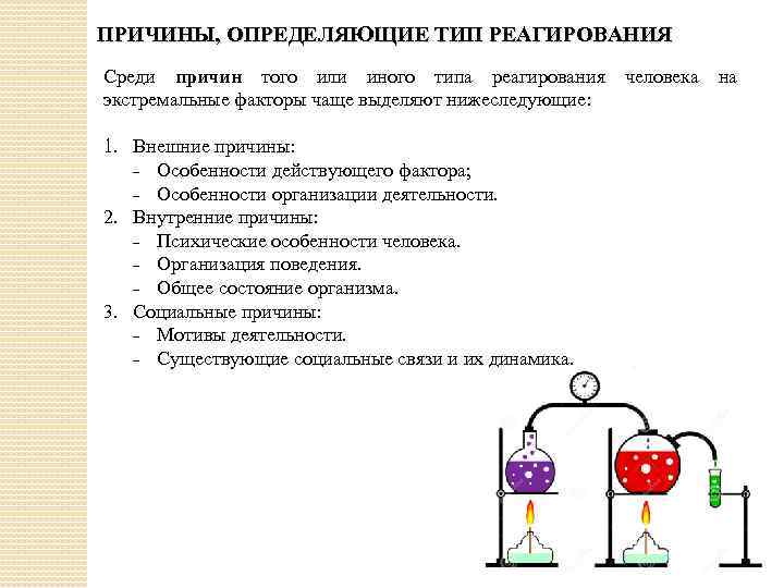 ПРИЧИНЫ, ОПРЕДЕЛЯЮЩИЕ ТИП РЕАГИРОВАНИЯ Среди причин того или иного типа реагирования человека на экстремальные