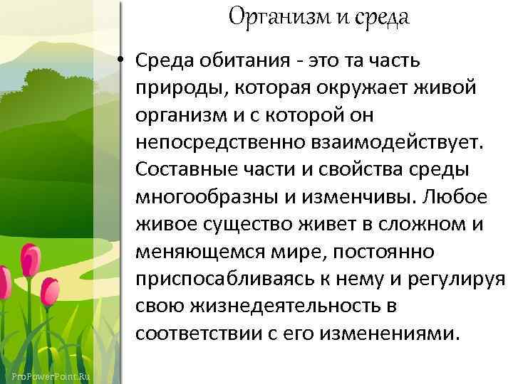 Организм и среда • Среда обитания - это та часть природы, которая окружает живой