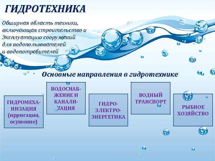 ГИДРОТЕХНИКА Обширная область техники, включающая строительство и Эксплуатацию сооружений для водопользователей и водопотребителей Основные