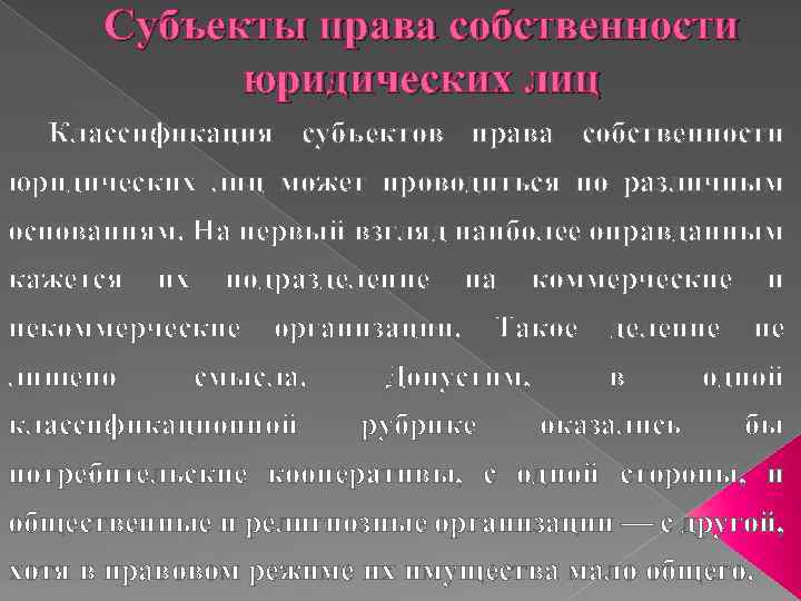 Субъекты права собственности юридических лиц Классификация субъектов права собственности юридических лиц может проводиться по