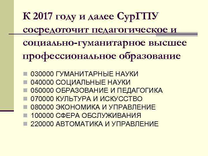 К 2017 году и далее Сур. ГПУ сосредоточит педагогическое и социально-гуманитарное высшее профессиональное образование