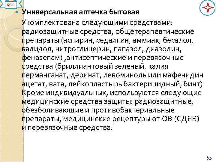 МТП Универсальная аптечка бытовая Укомплектована следующими средствами: радиозащитные средства, общетерапевтические препараты (аспирин, седалгин, аммиак,