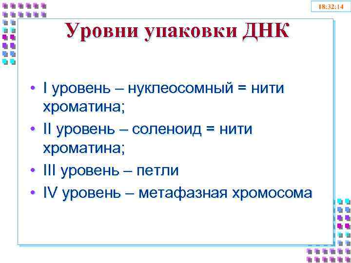 Уровни упаковки ДНК • I уровень – нуклеосомный = нити хроматина; • II уровень