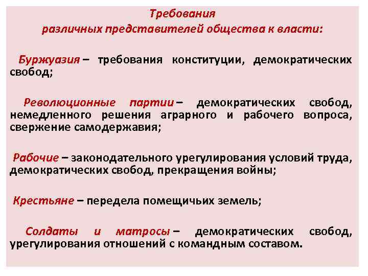 Требования различных представителей общества к власти: Буржуазия – требования конституции, демократических свобод; Революционные партии