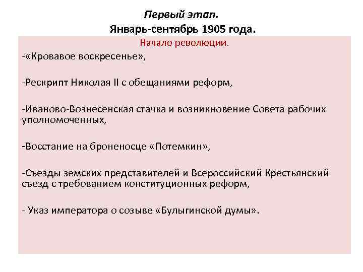 Первый этап. Январь-сентябрь 1905 года. Начало революции. - «Кровавое воскресенье» , -Рескрипт Николая II