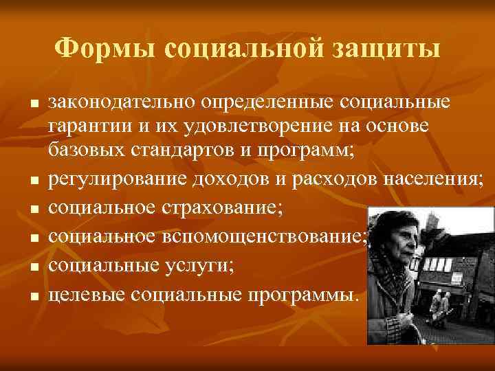 Формы социальной защиты n n n законодательно определенные социальные гарантии и их удовлетворение на