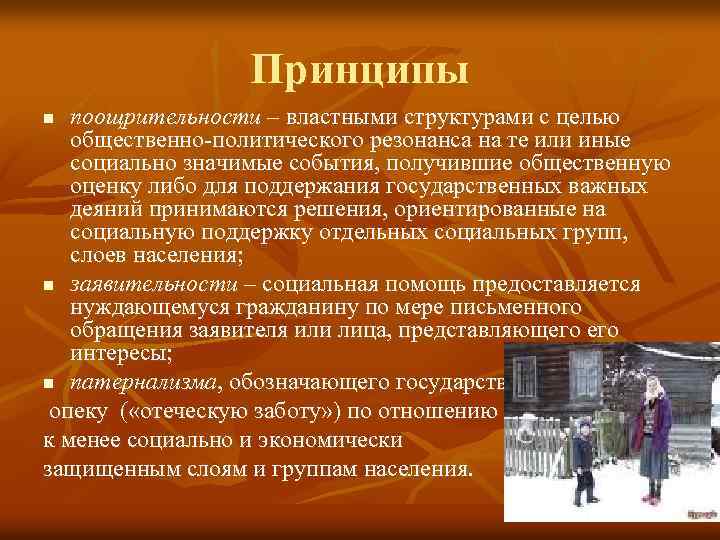 Принципы поощрительности – властными структурами с целью общественно-политического резонанса на те или иные социально
