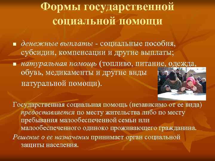 Формы государственной социальной помощи денежные выплаты - социальные пособия, субсидии, компенсации и другие выплаты;