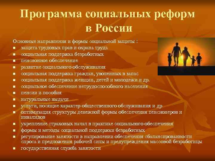 Программа социальных реформ в России Основные направления и формы социальной защиты : n защита