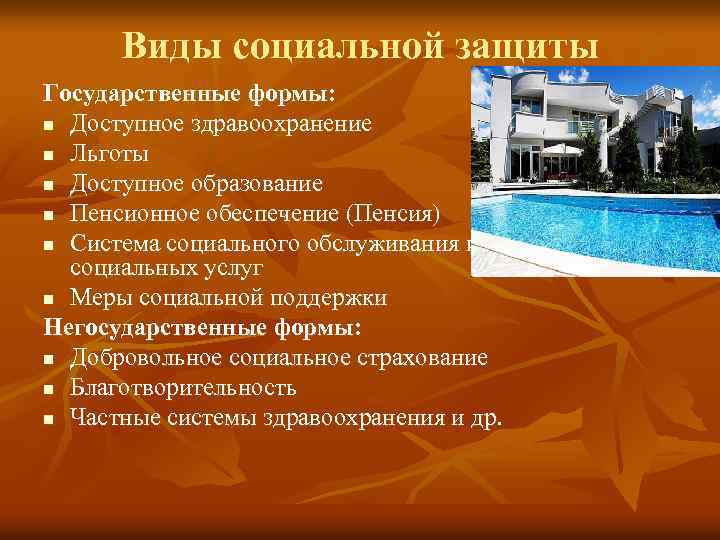 Виды социальной защиты Государственные формы: n Доступное здравоохранение n Льготы n Доступное образование n