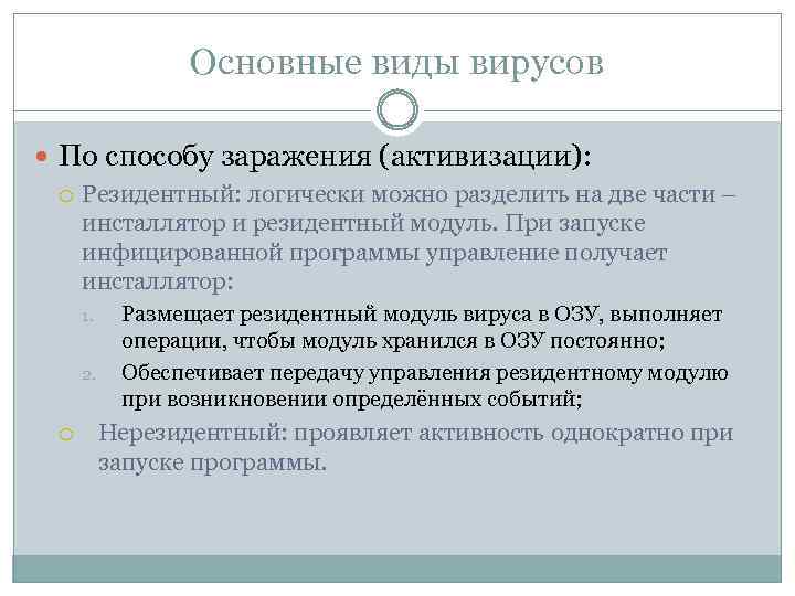 Основные виды вирусов По способу заражения (активизации): Резидентный: логически можно разделить на две части