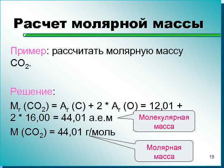 Расчет молярной массы Пример: рассчитать молярную массу CO 2. Решение: Mr (CO 2) =
