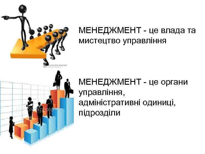 МЕНЕДЖМЕНТ це влада та мистецтво управління МЕНЕДЖМЕНТ це органи управління, адміністративні одиниці, підрозділи 
